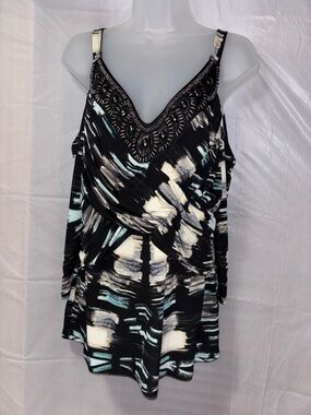 VENUS Black Cold-Shoulder Blouse with Cream and Teal Brushstroke Print